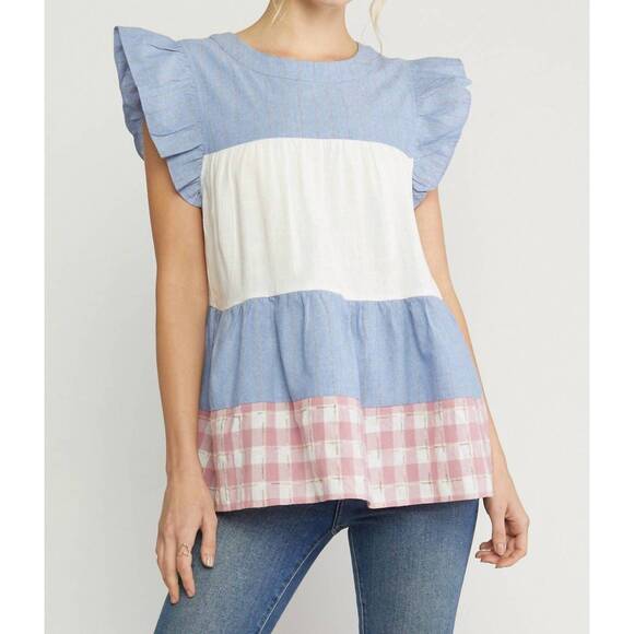 ENTRO Tops - NEW ENTRO mixed print tiered top in blue